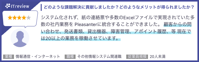 ITreview に投稿されたユーザーレビュー(星 4・情報通信・インターネット・その他情報システム関連職・20 人未満)。「紙の連絡票や多数の Excel ファイルで実現されていた多数の社内業務を Pleasanter に統合できました。現在では 20 以上の業務を稼働させています」