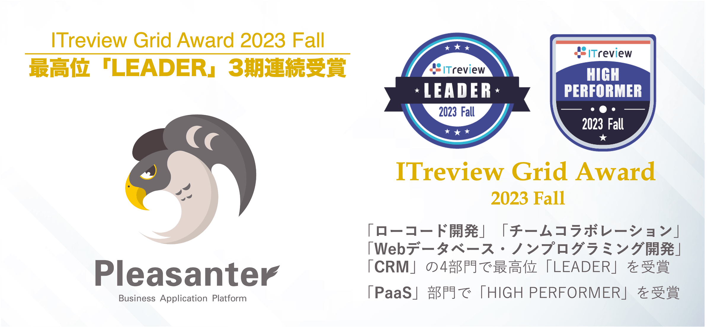 ITreview Grid Award 2023 Fall で最高位 LEADER を 3 期連続受賞(ローコード開発・チームコラボレーション・Web データベース/ノンプログラミング開発・CRM の 4 部門)、PaaS 部門で HIGH PERFORMER を受賞