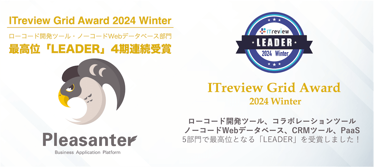 ITreview Grid Award 2024 Winter で最高位 LEADER を 4 期連続受賞(ローコード開発ツール・コラボレーションツール・ノーコード Web データベース・CRM ツール・PaaS の 5 部門)