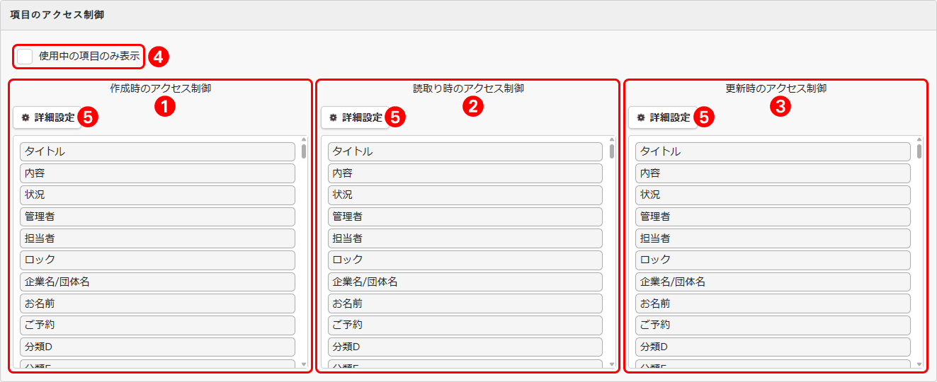 テーブルの管理の「項目のアクセス制御」の画面。「作成時のアクセス制御」「読取り時のアクセス制御」「更新時のアクセス制御」の3つの欄に、タイトル・内容・状況・管理者・担当者などの項目が並び、それぞれに詳細設定のボタンがある