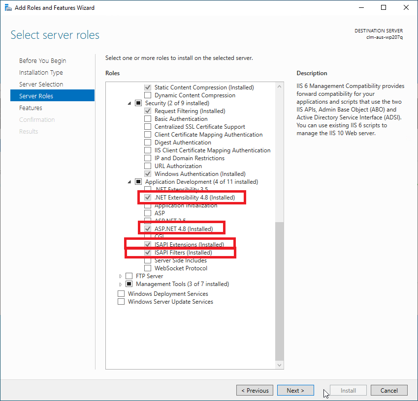 Turn Windows Features On or Off, with the four required features checked