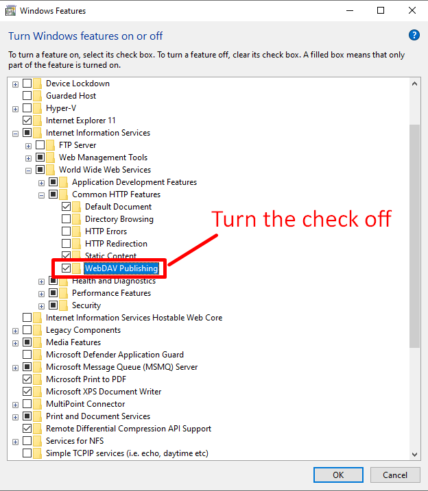 Turn Windows Features On or Off, with WebDAV Publishing unchecked