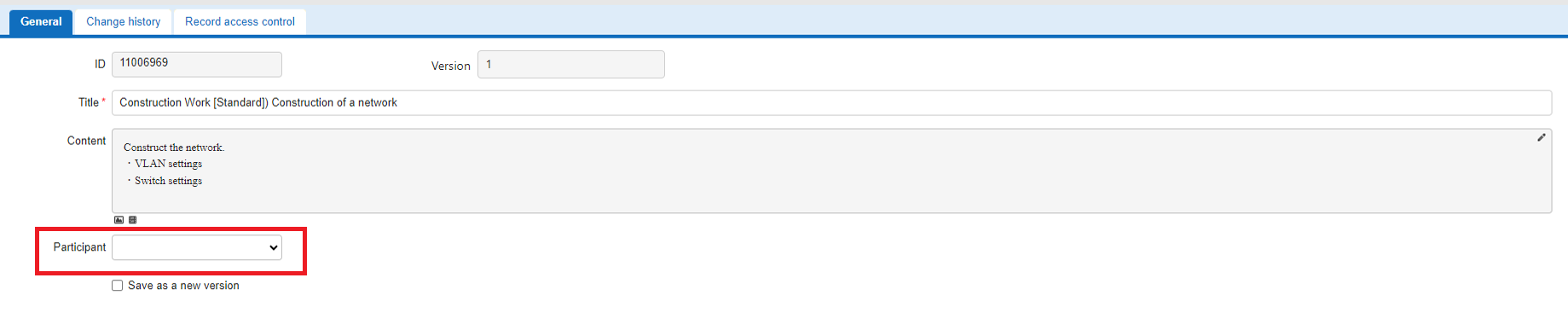 Editing screen where the Participant value appears unselected