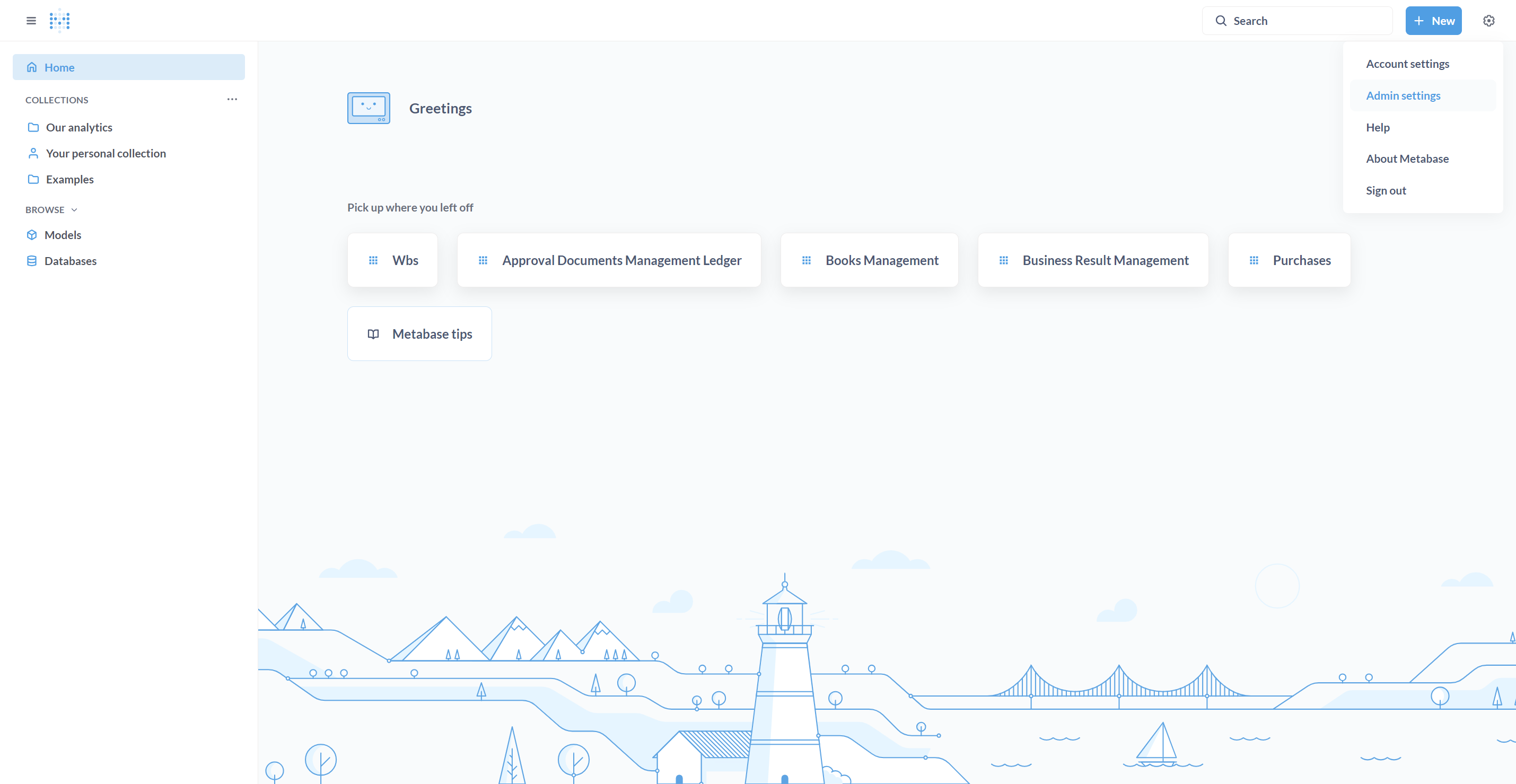 Opening "Admin settings" in the upper right corner of Metabase Home