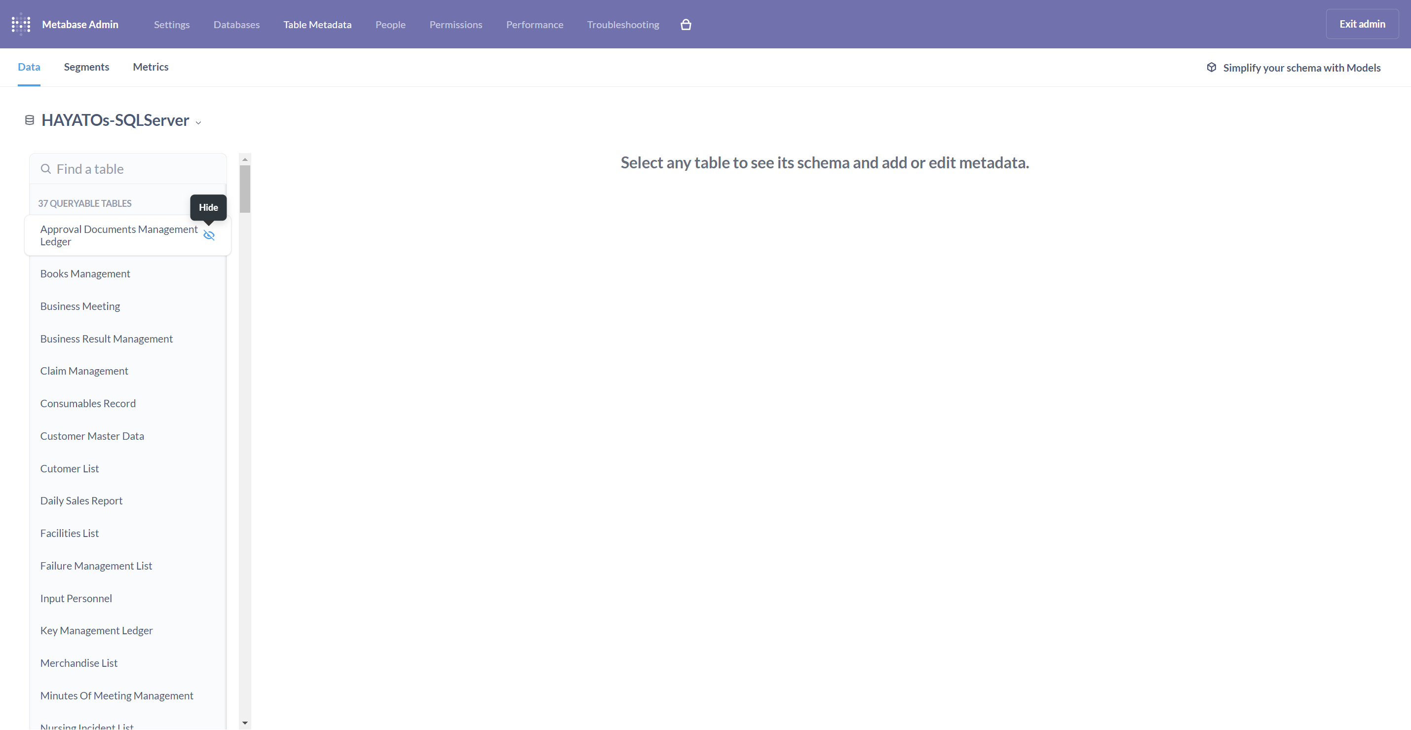 List of tables, each with an icon on the right for hiding it
