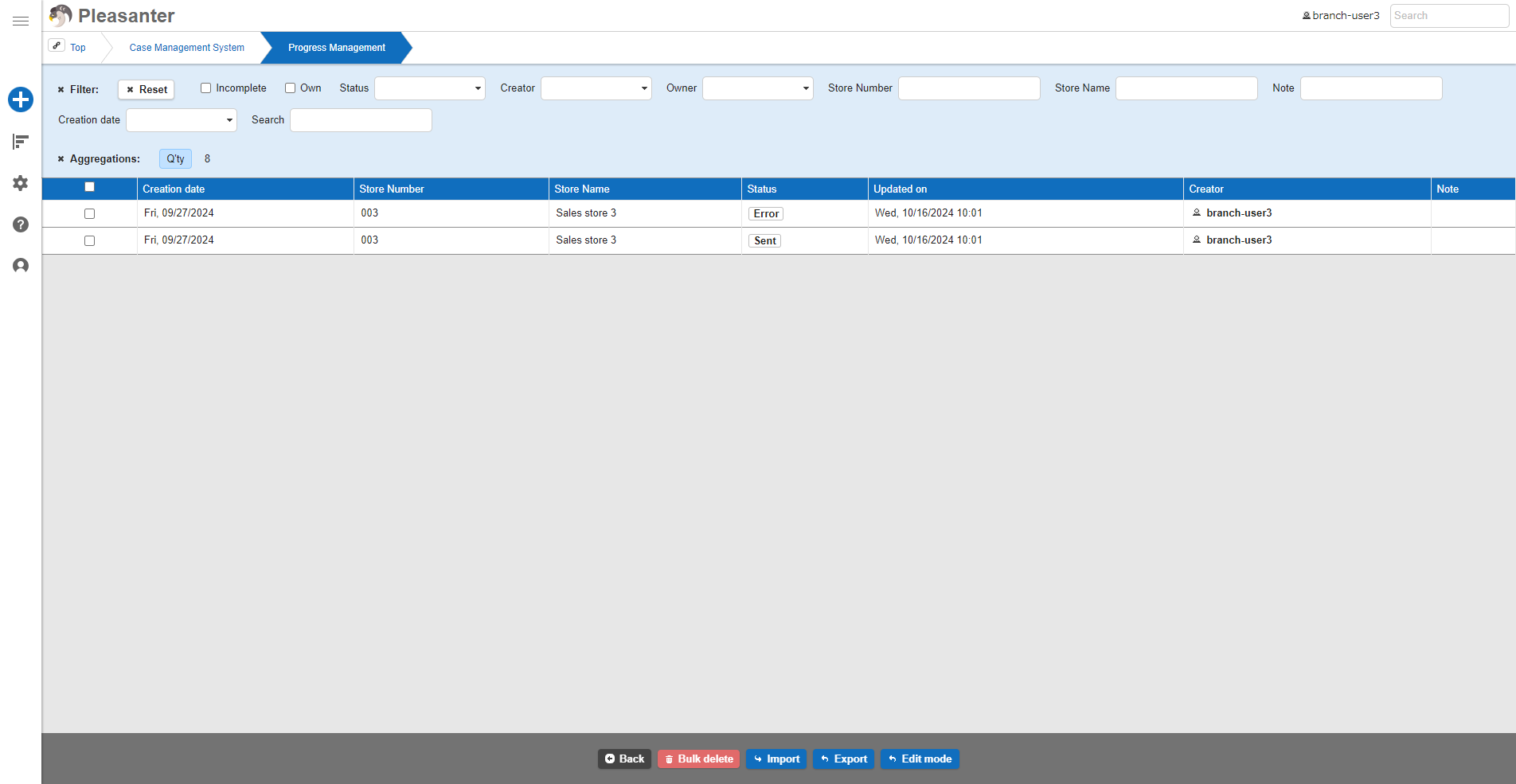 Index as seen when logged in as a user belonging to sales office 3
