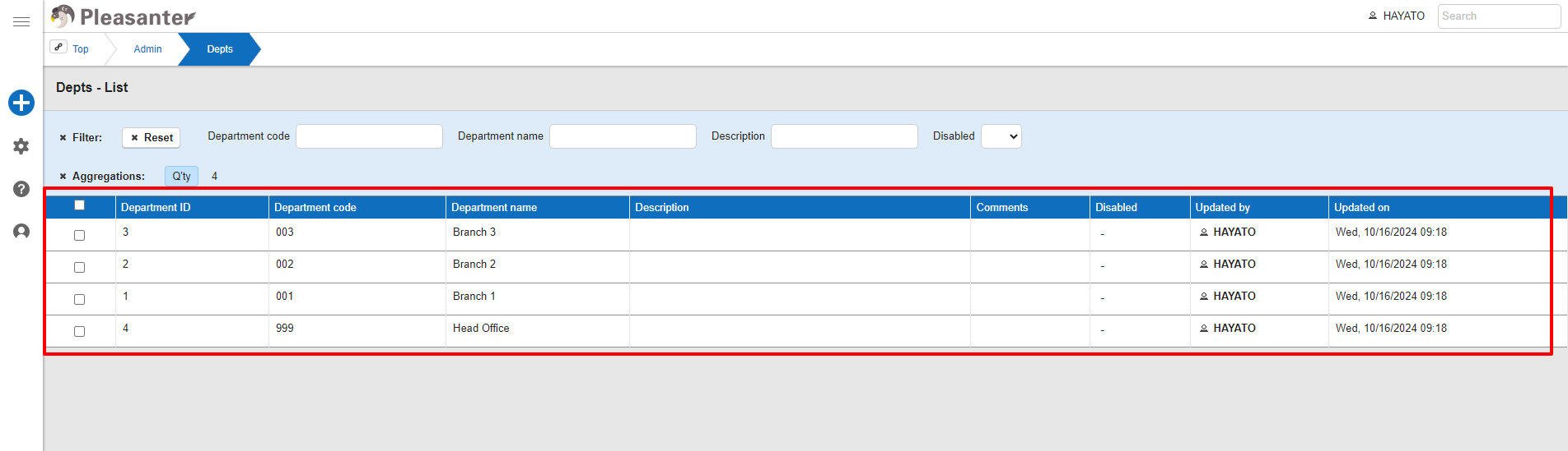 Department management screen with the head office and the branches created