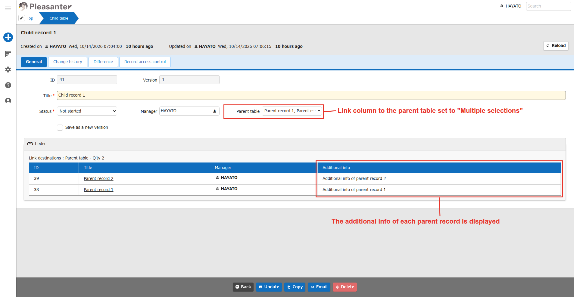 Links on the edit screen, where the values of the parent table column are displayed