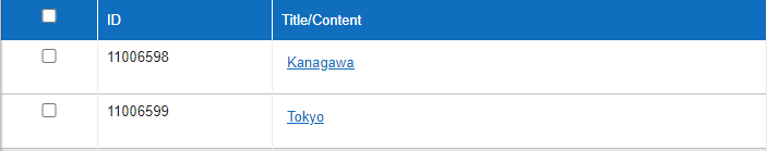 Normal index display with checkboxes in the left column