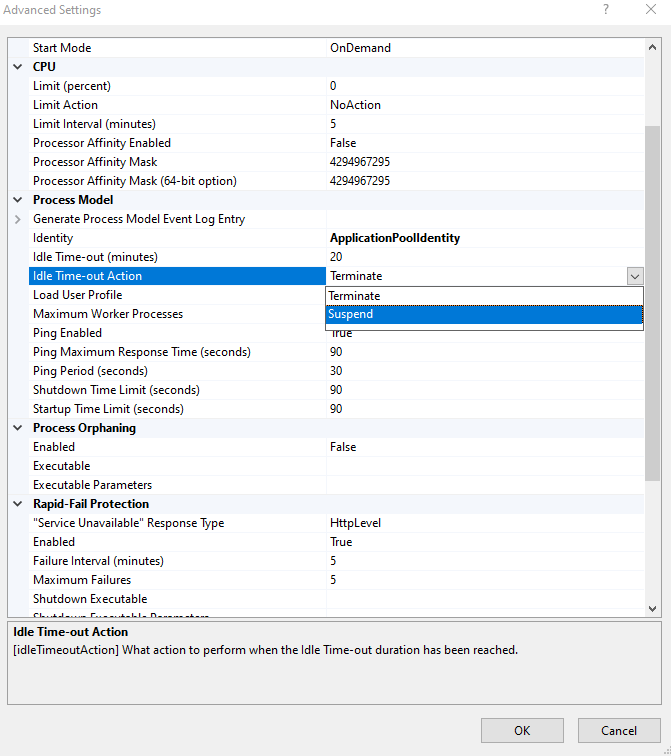 Changing Idle Timeout Action to Suspend in IIS Manager