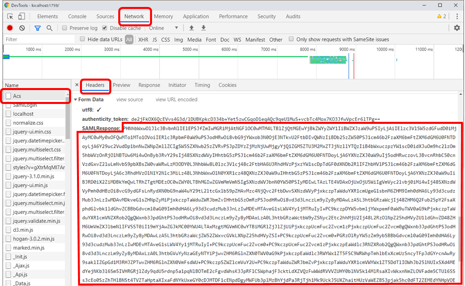 Network tab of the developer tools, showing the SAML Response in the Form Data