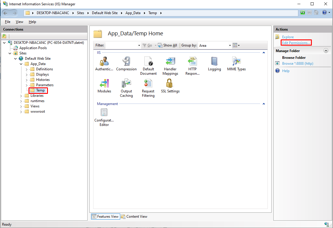 Opening Edit Permissions for the Temp folder in IIS Manager