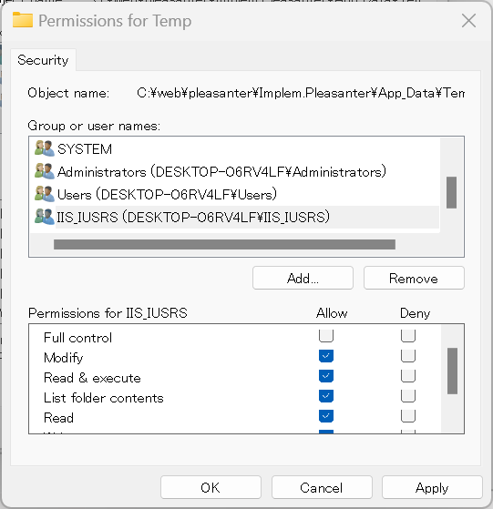 Security tab where the Modify permission is granted to IIS_IUSERS