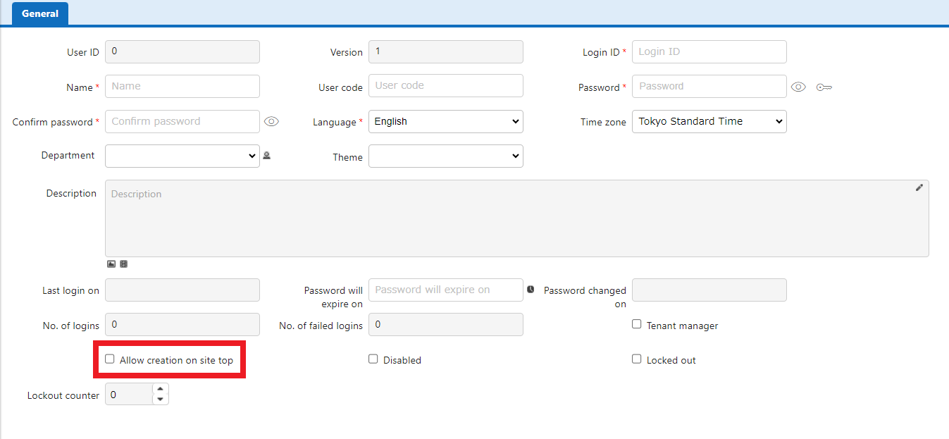 User Management screen with "Allow creation on site top" checked