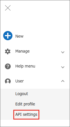 The "API settings" item under User on the navigation menu