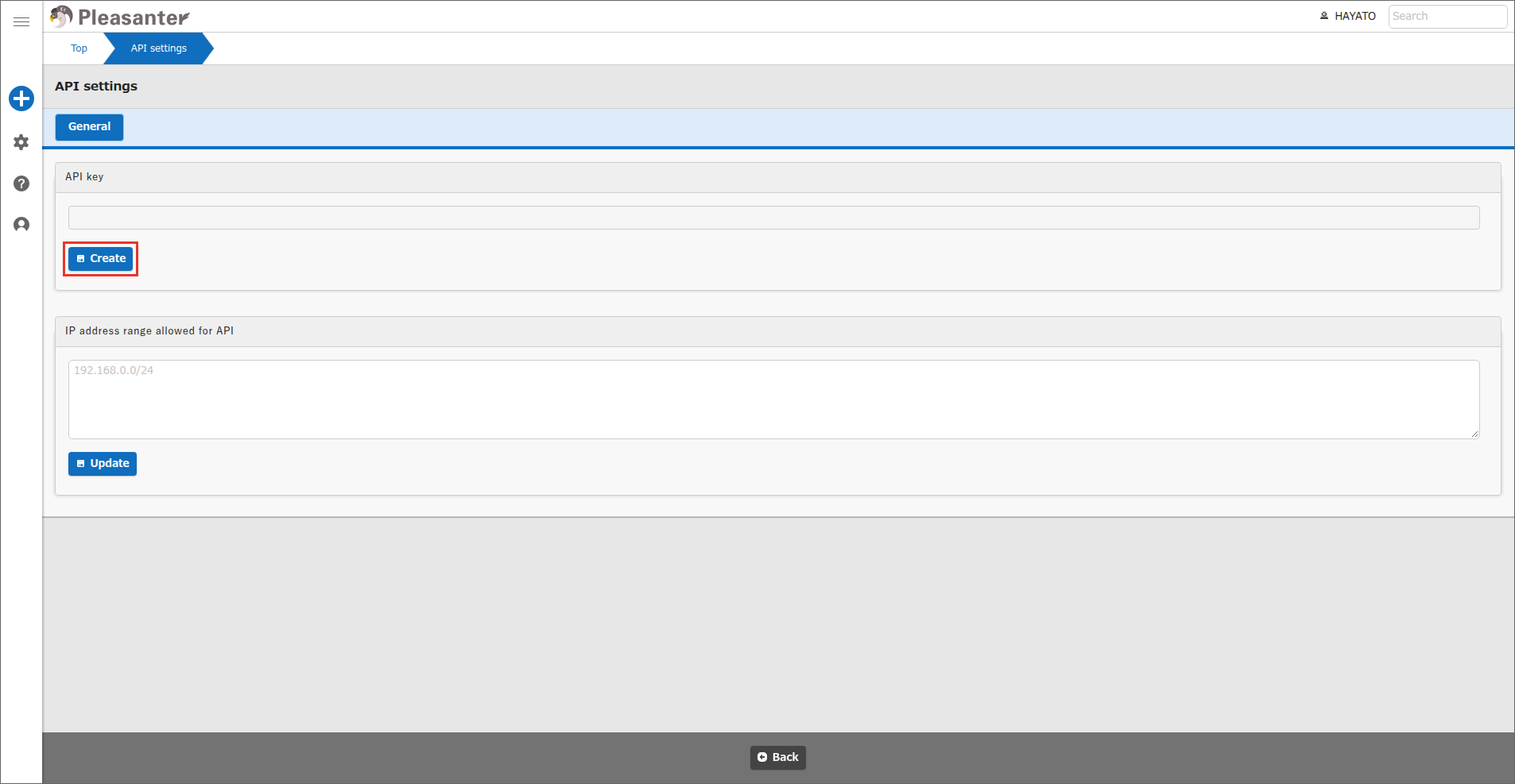 The API settings screen. Click the "Create" button