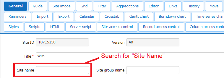 Where the "Site name" of a site is set