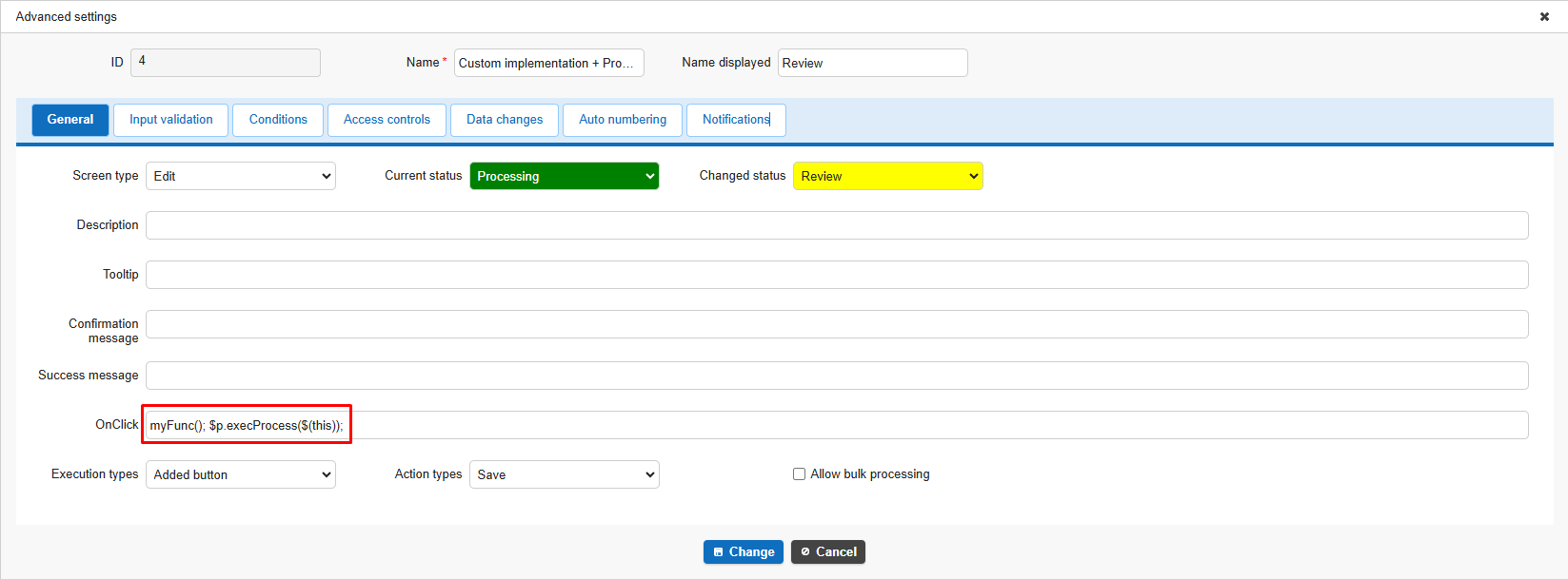 An example written directly in "OnClick" in the detailed process settings