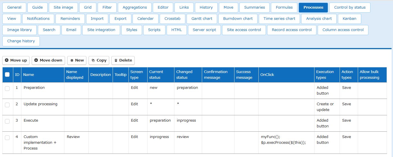 The process settings assumed in the usage example