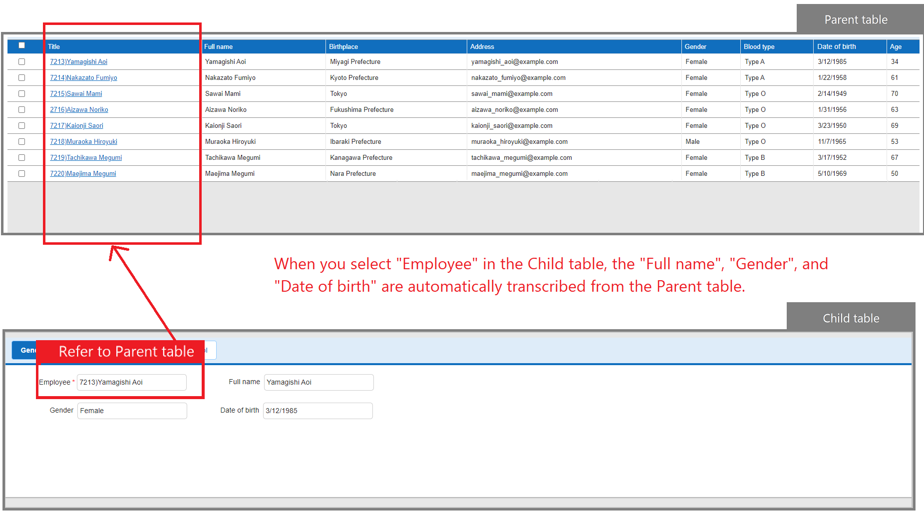 A screen showing the lookup function copying columns from a linked table