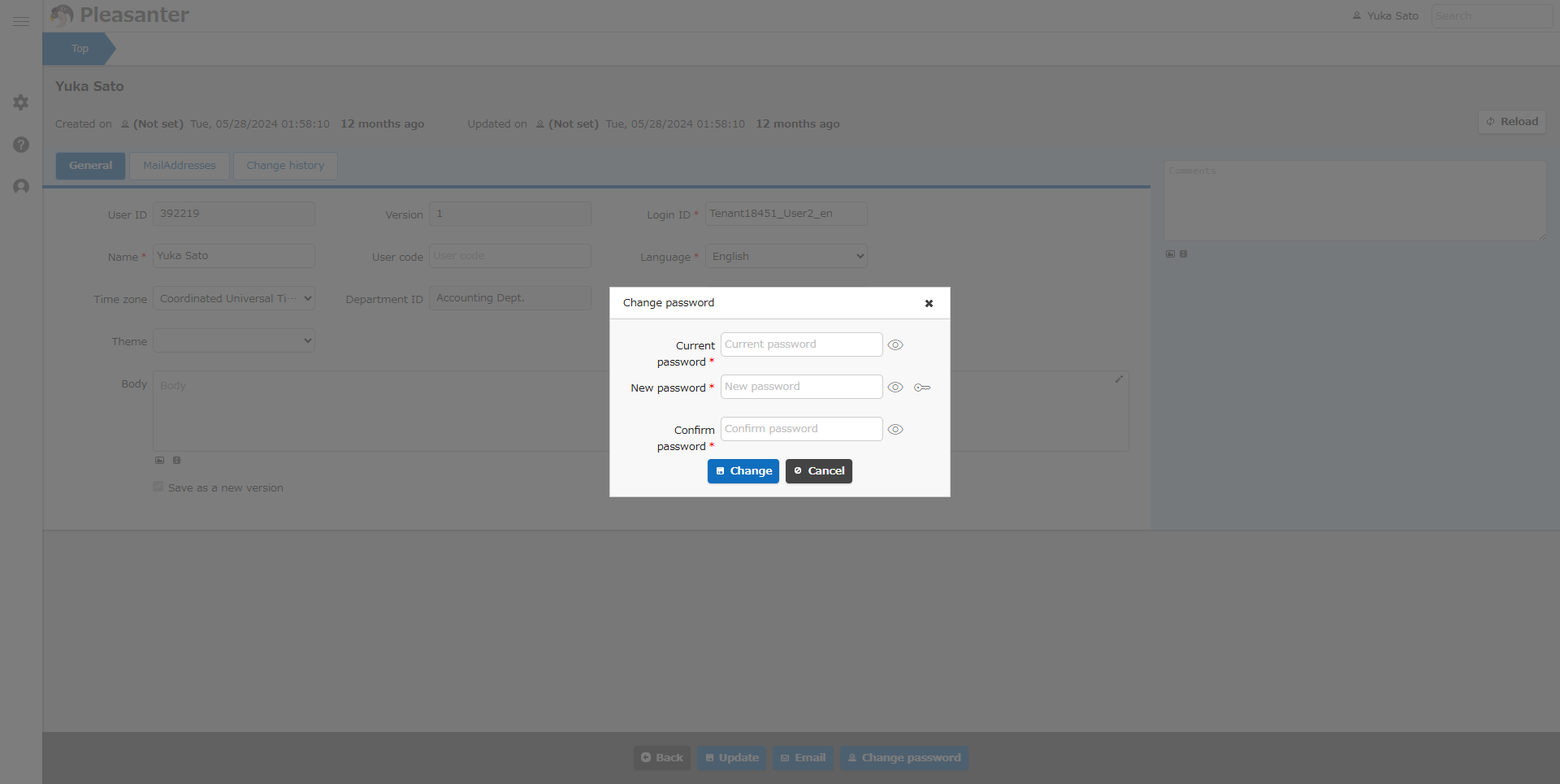 Dialog for changing the password of the logged-in user