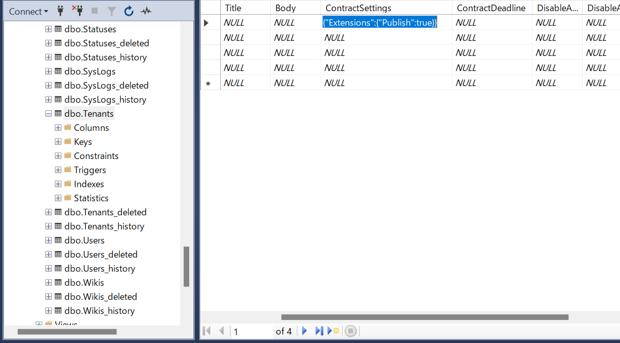 Database screen editing the ContractSettings column of dbo.Tenants