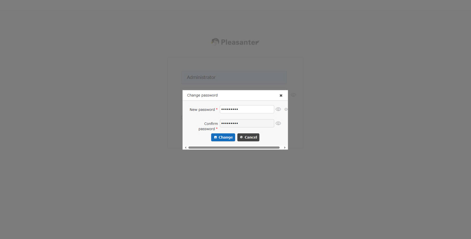 The password change screen for the Administrator user, shown after the first login