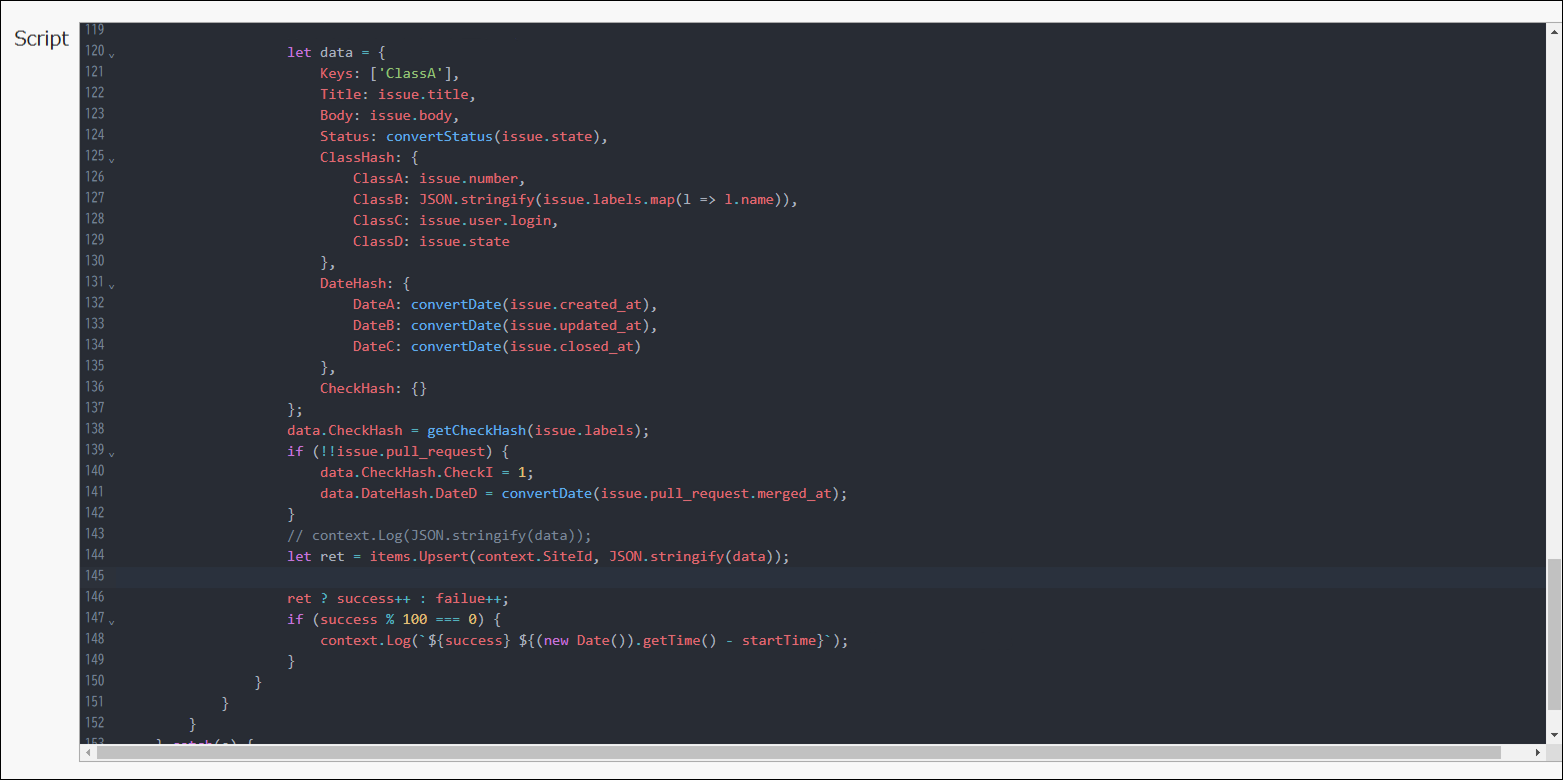 The script input area using the code editor feature
