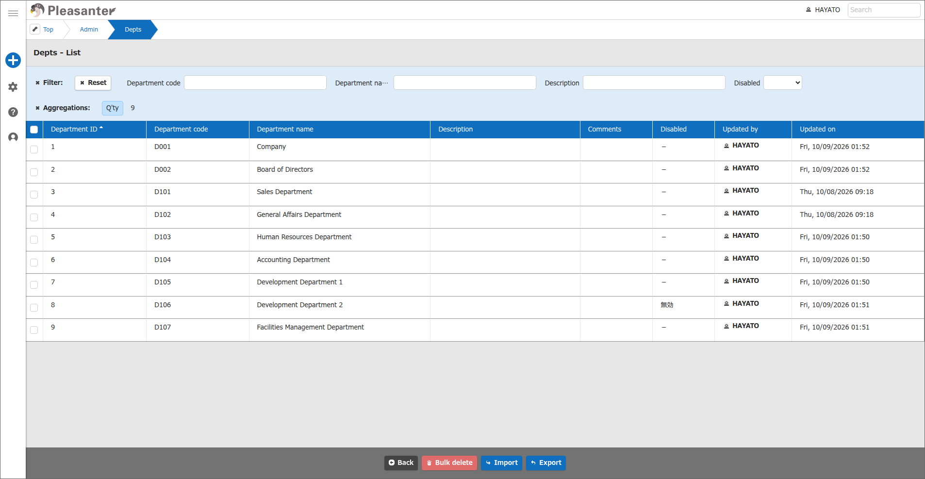 Department administration list screen
