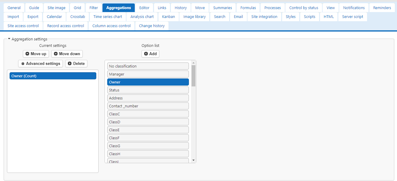 Aggregation tab with Owner enabled and the count aggregated by owner