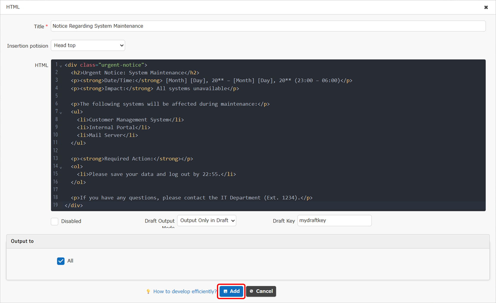 The Add button at the bottom of the HTML dialog