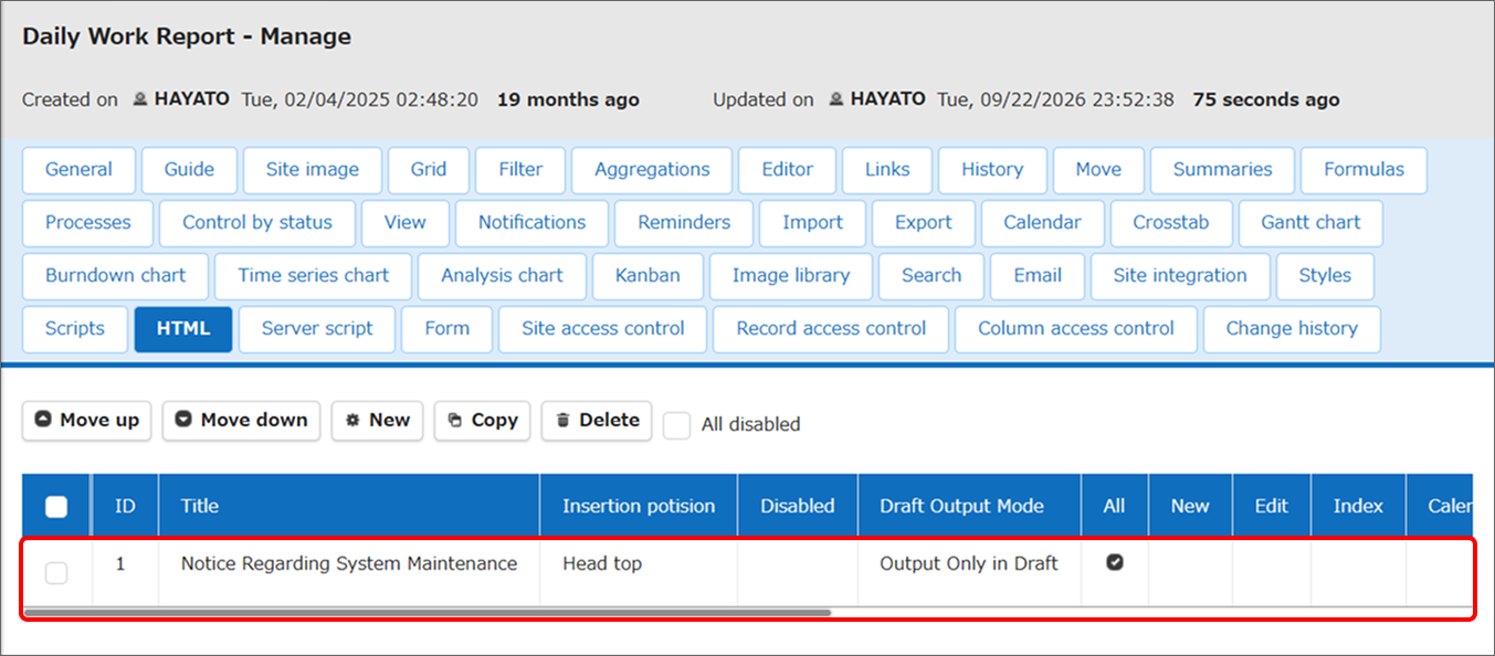 The created HTML has been added to the HTML list