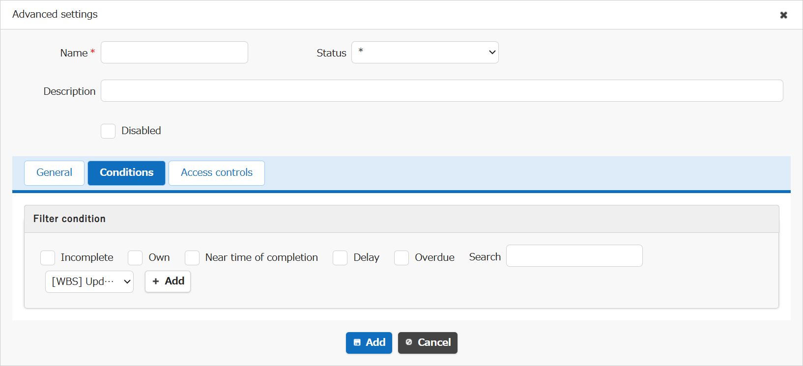 Condition tab of the Control by Status settings