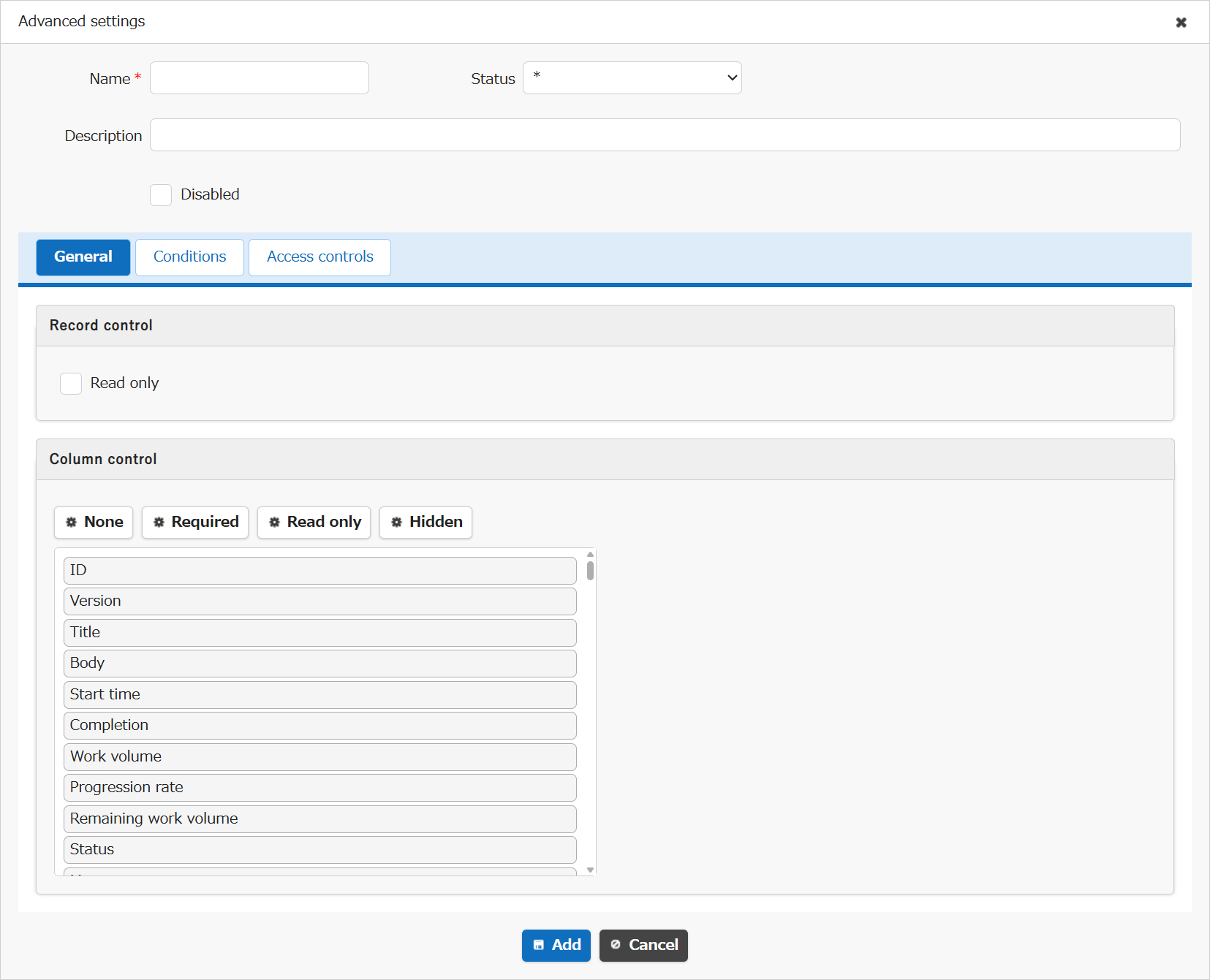 General tab of the Control by Status settings