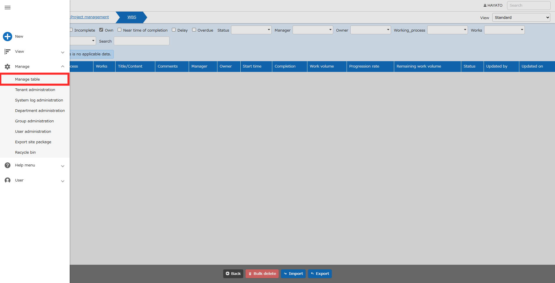 Navigation menu with Manage - Manage Table