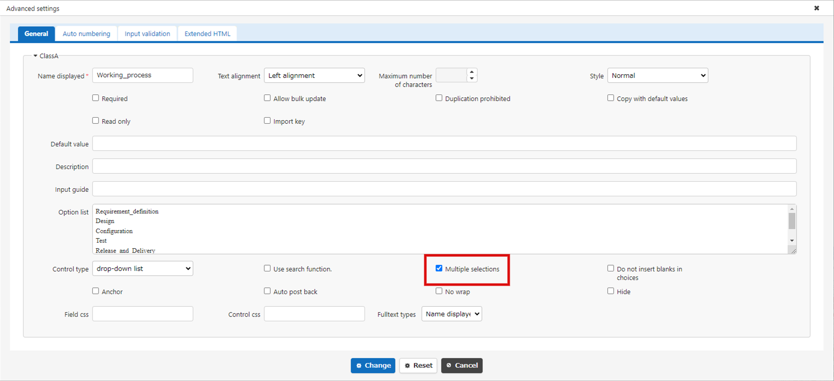Multiple Selections checkbox on the advanced settings screen