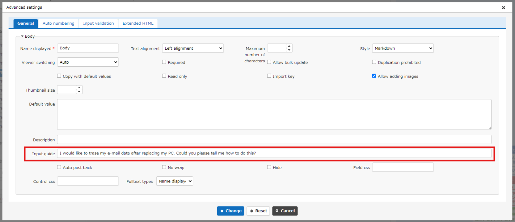 Input Guide field in the column advanced settings