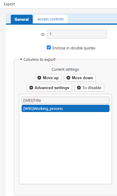 Selecting the column on the Export tab and clicking Advanced Settings