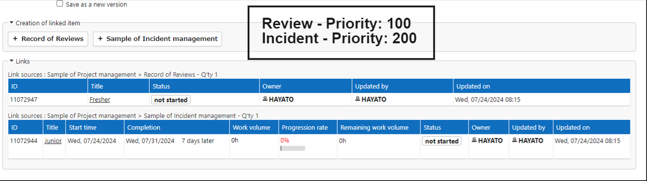 Order of the link information when Priority is set in both tables
