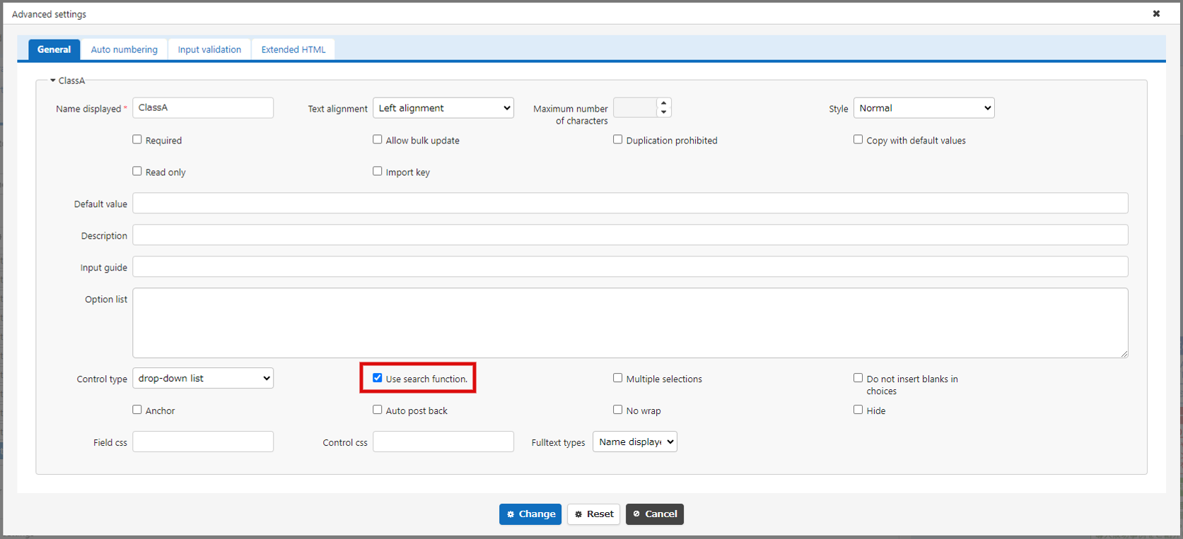 Checking Use Search Function in the column advanced settings
