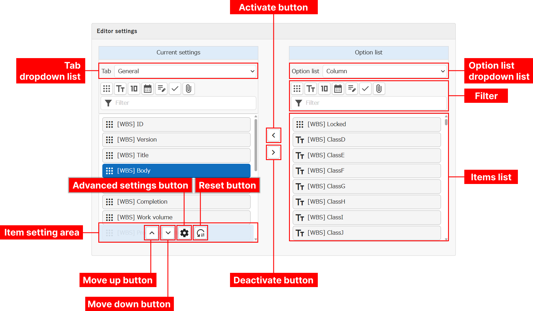 Editor settings screen, with the option list and current settings side by side