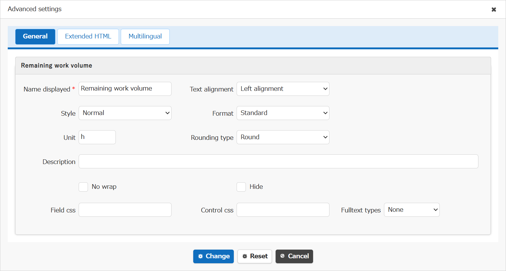Advanced settings screen for the Remaining Work Volume column