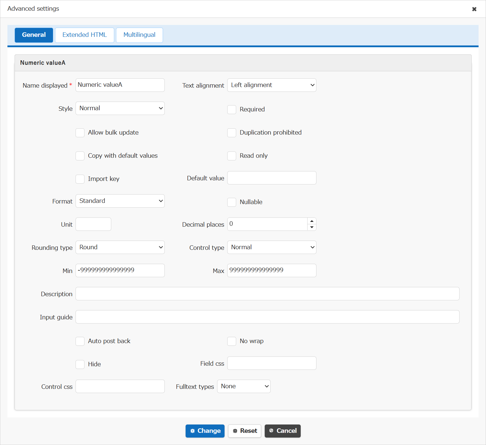 Advanced settings screen for the Numeric Value column