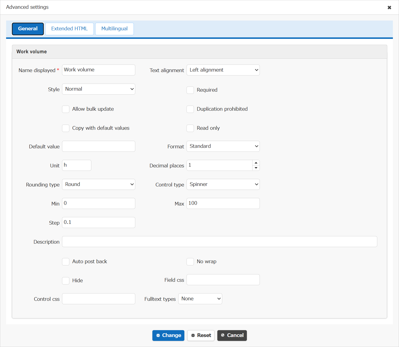 Advanced settings screen for the Work Volume column