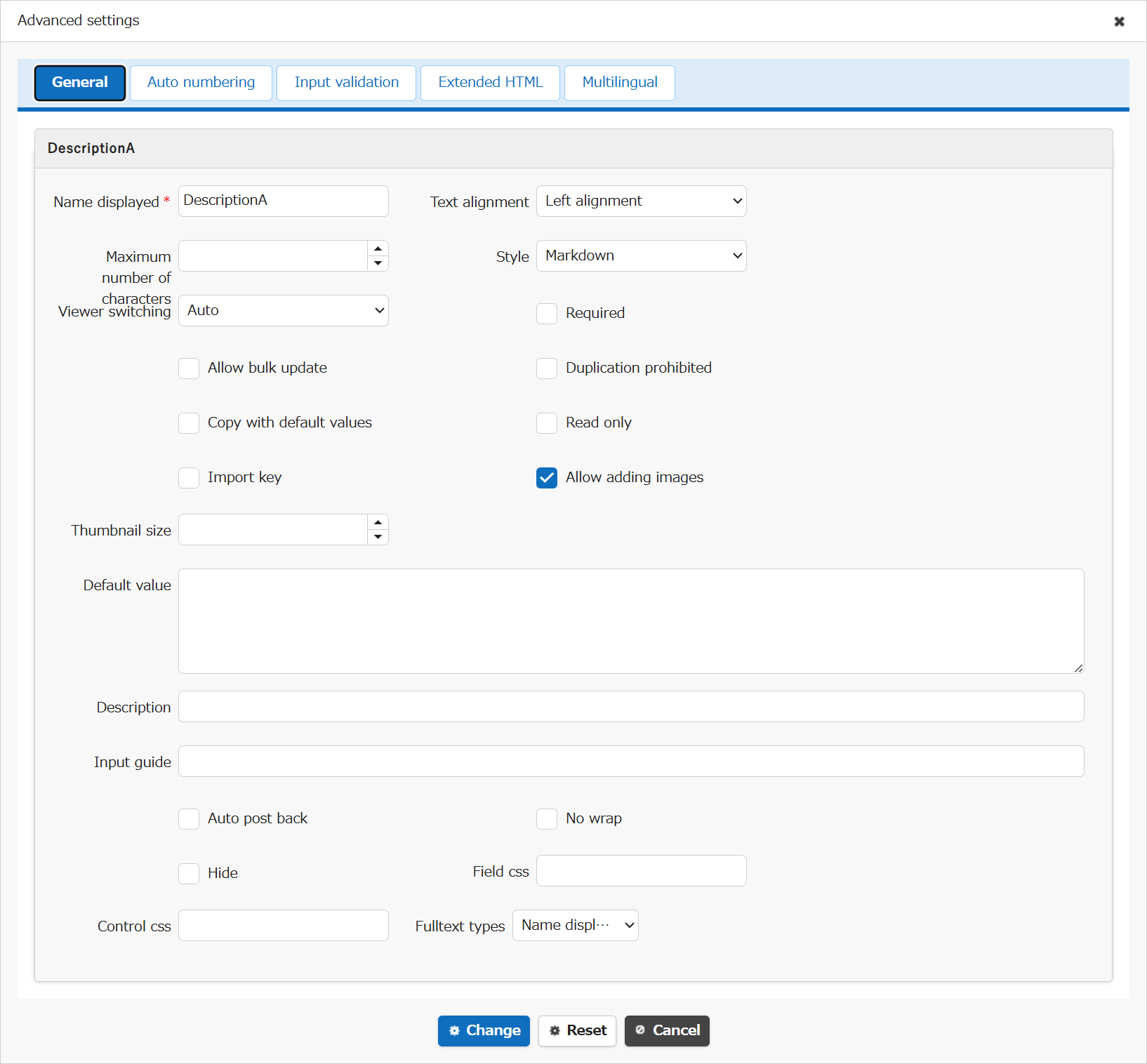 Advanced settings screen for the Description column