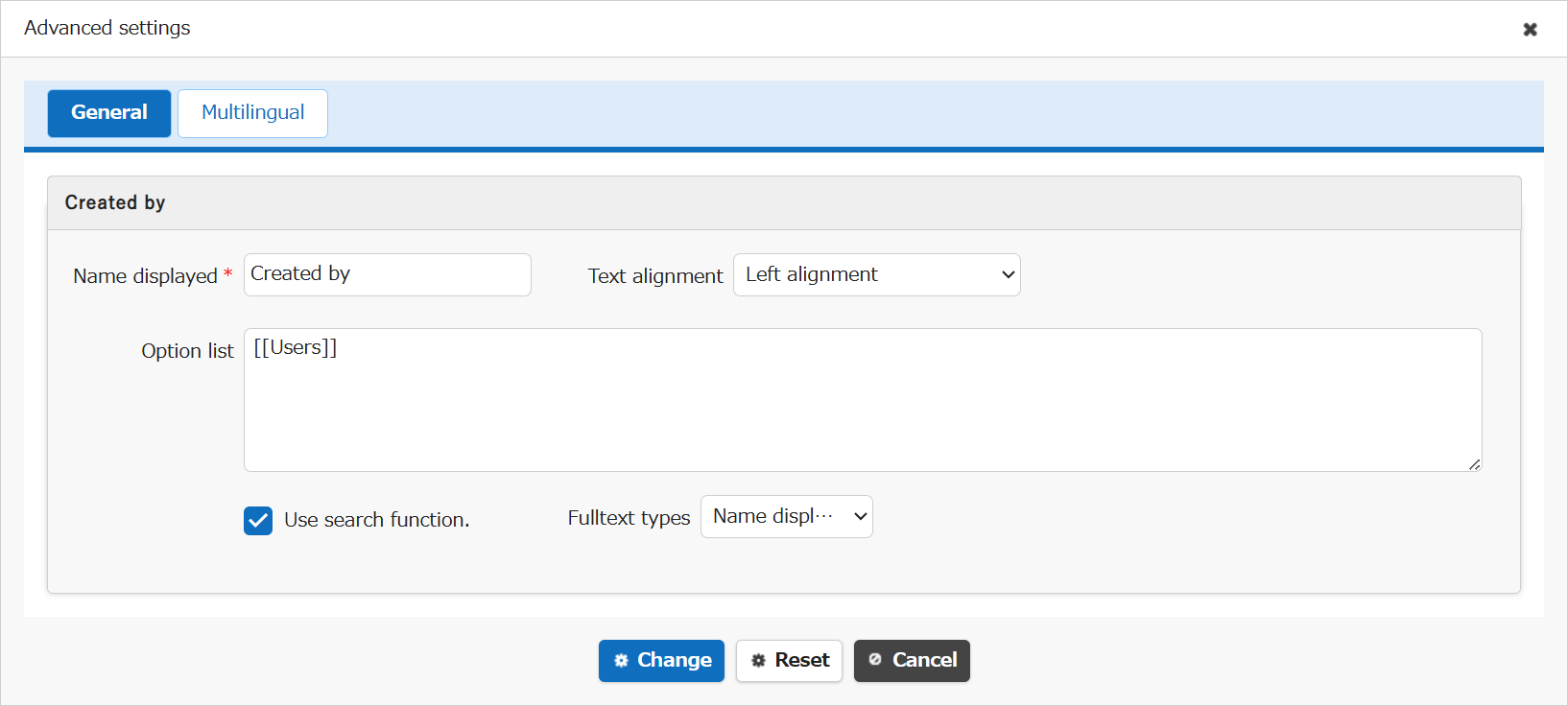 Advanced settings screen for the Created By column