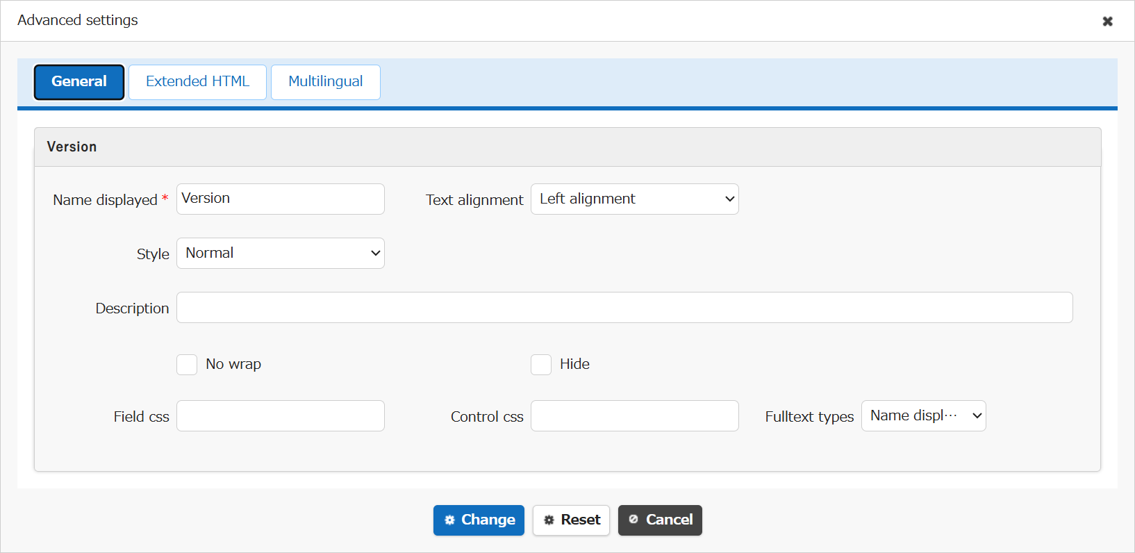 Advanced settings screen for the Version column