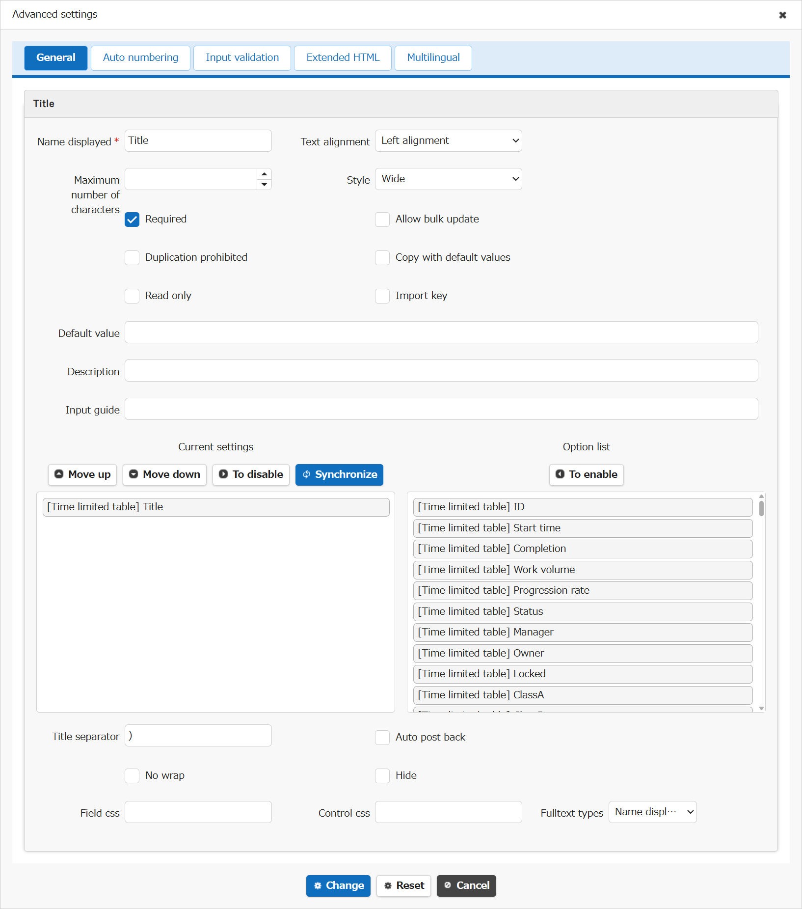 Advanced settings screen for the Title column