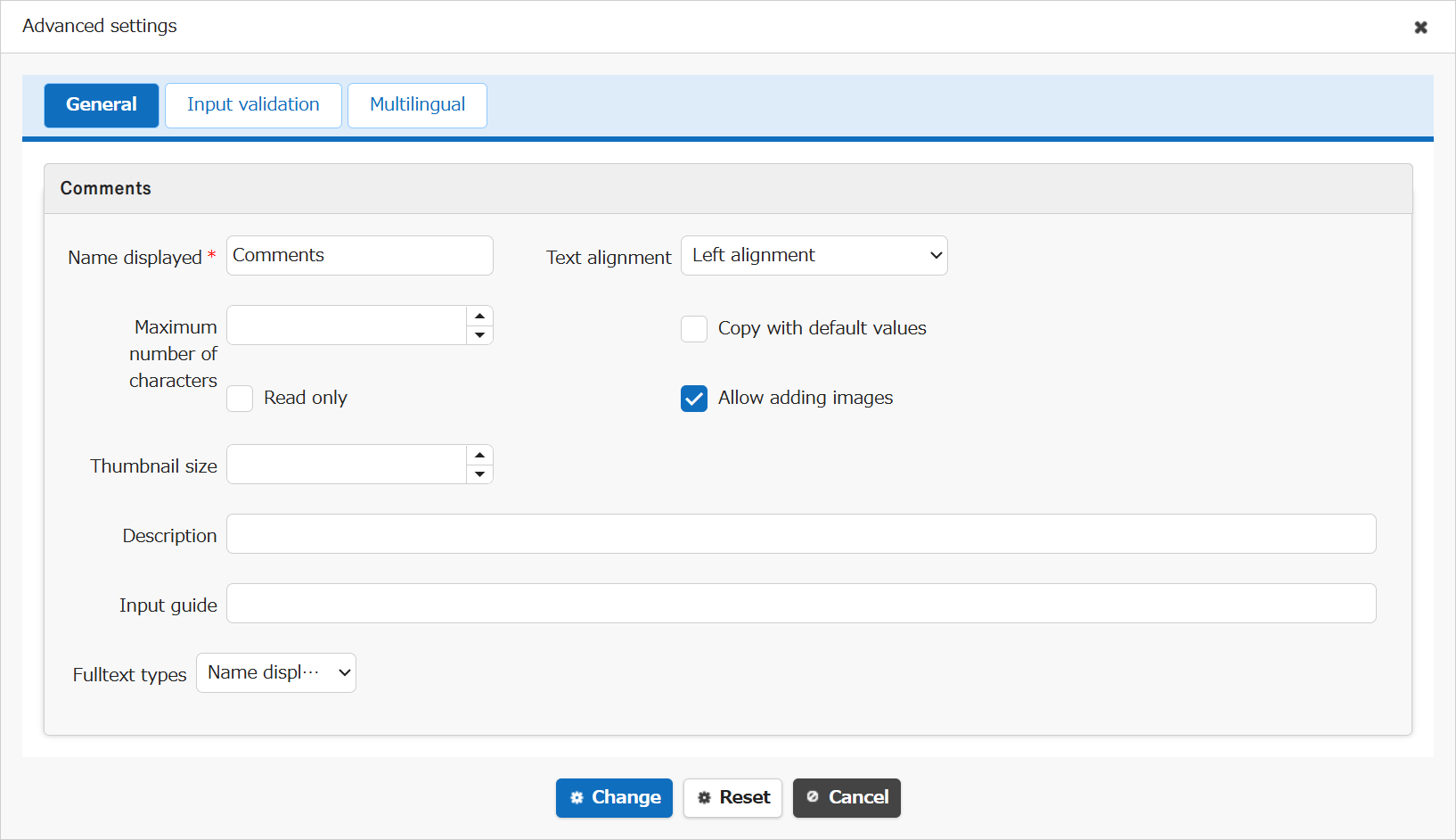 Advanced settings screen for the Comments column