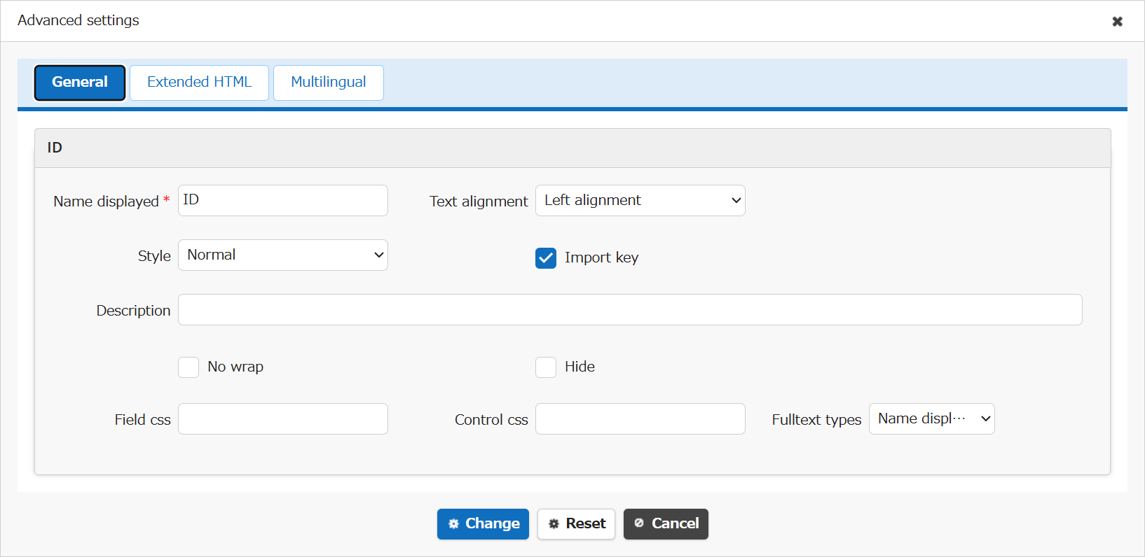 Advanced settings screen for the ID column